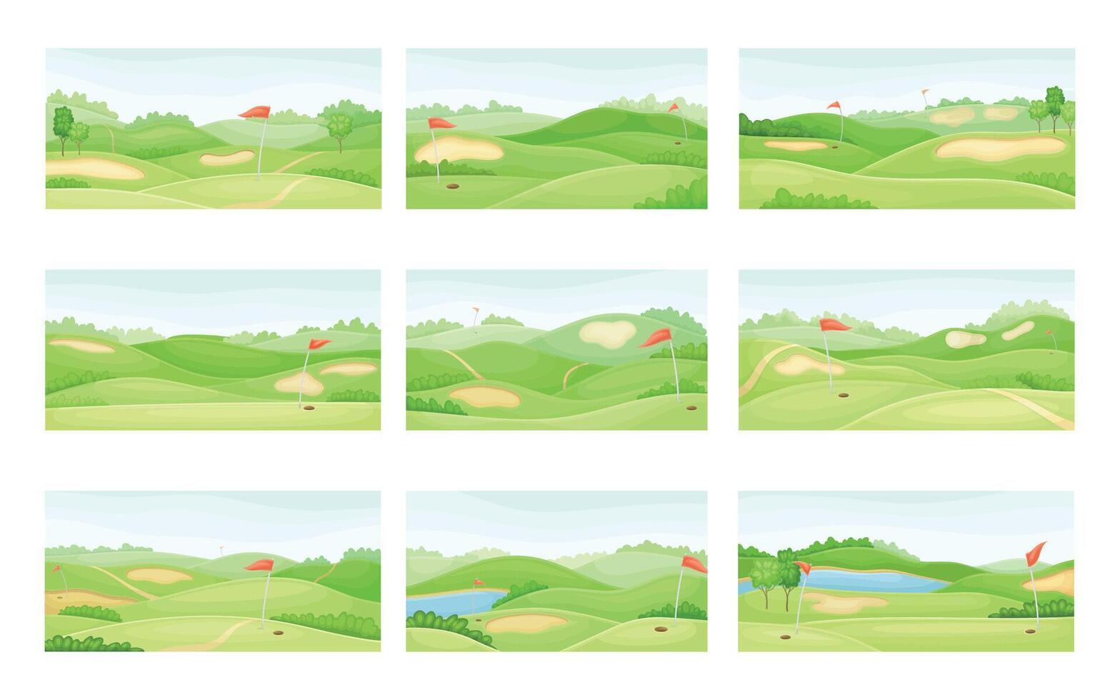 Countryside golf courses with holes, sand traps and red flags set. Green summer beautiful landscapes illustration vector