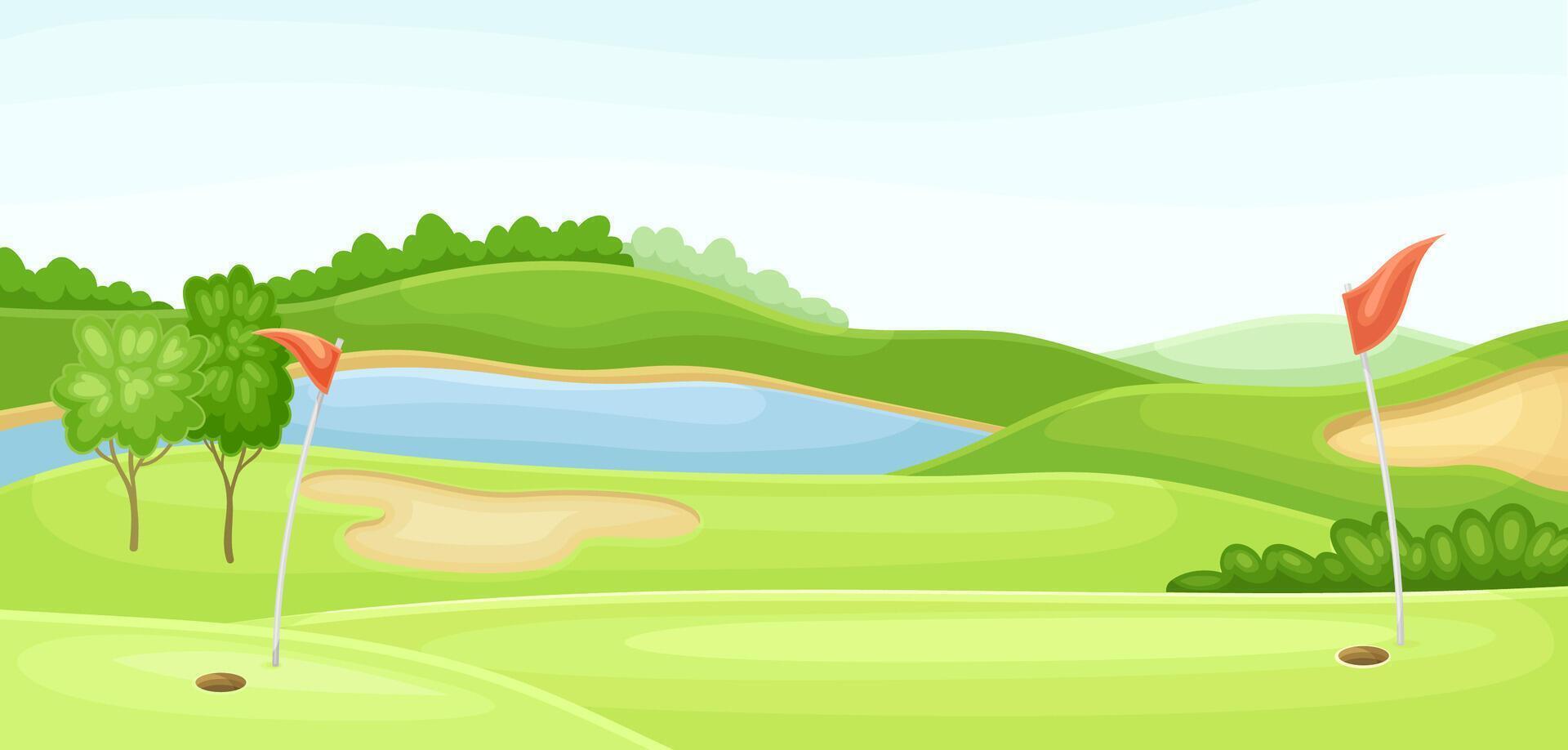 Countryside golf course with hole, red flag, , sand traps and lake. Summer beautiful landscape illustration vector