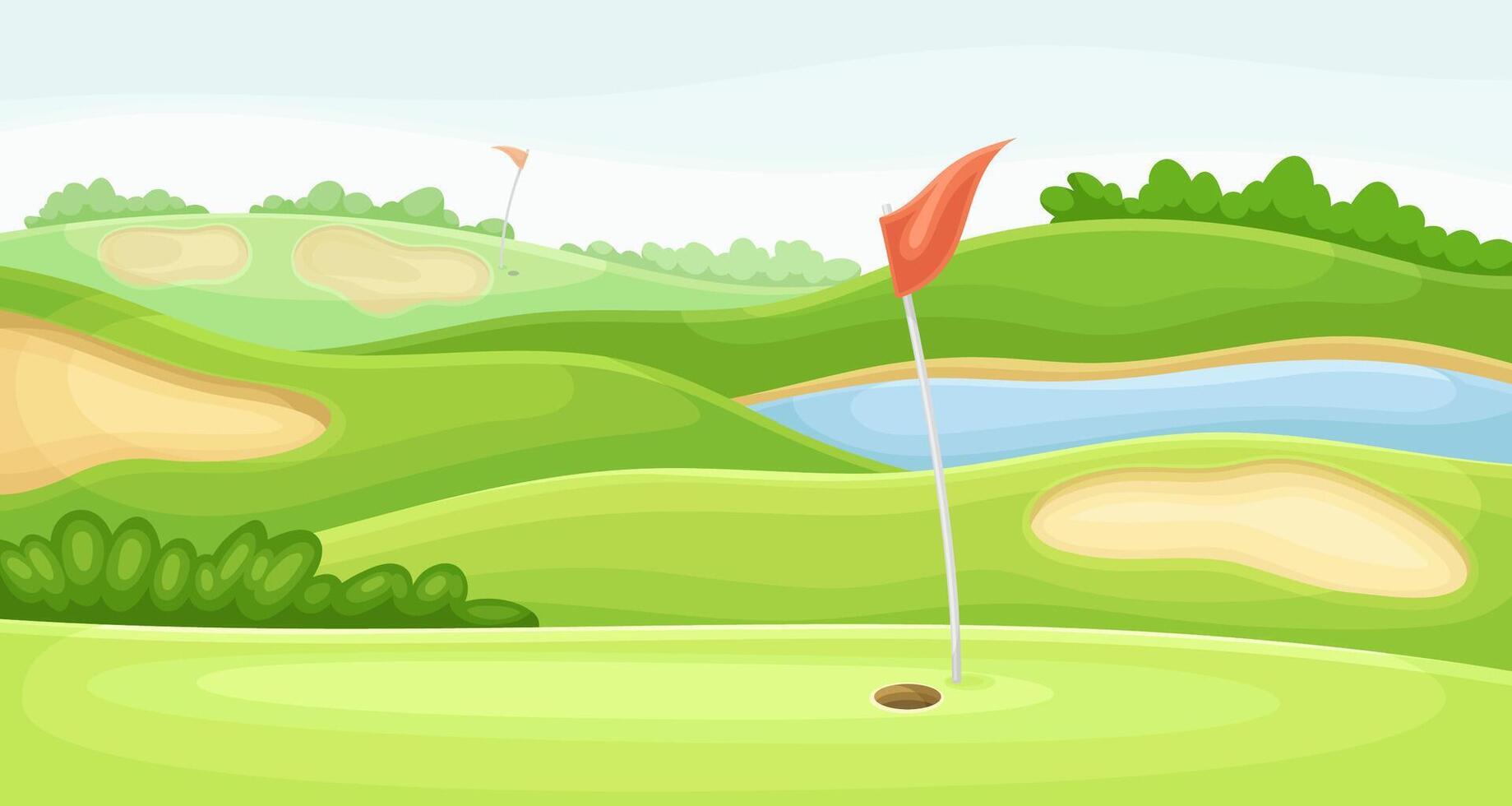 Countryside golf course with hole and red flag. Green summer beautiful landscape illustration vector