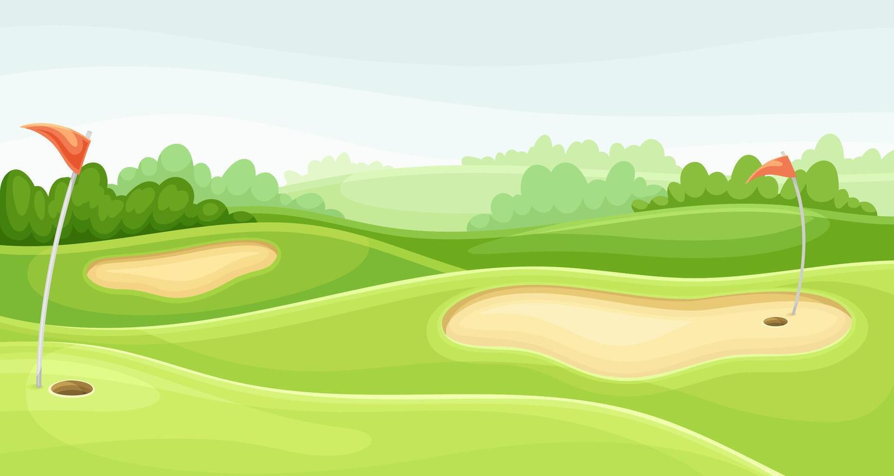 Countryside golf course with holes, red flags and sand traps. Green summer beautiful landscape illustration vector