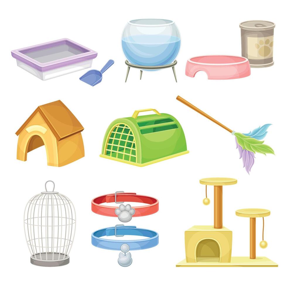 Pet supplies set. Accessories and food for domestic animals illustration vector