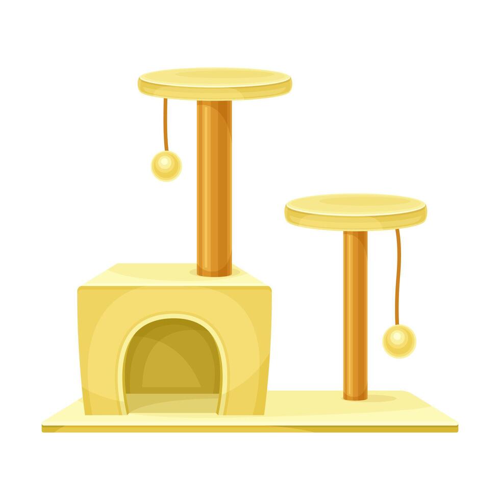 Cat tree house with scratching post and hanging ball. Pet animals supply illustration vector