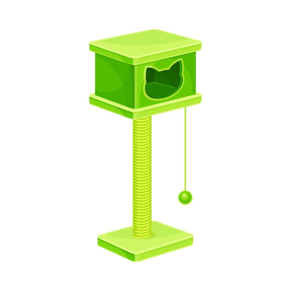 Cat tree house with scratching post and hanging ball. Comfortable pet animal shelter illustration vector