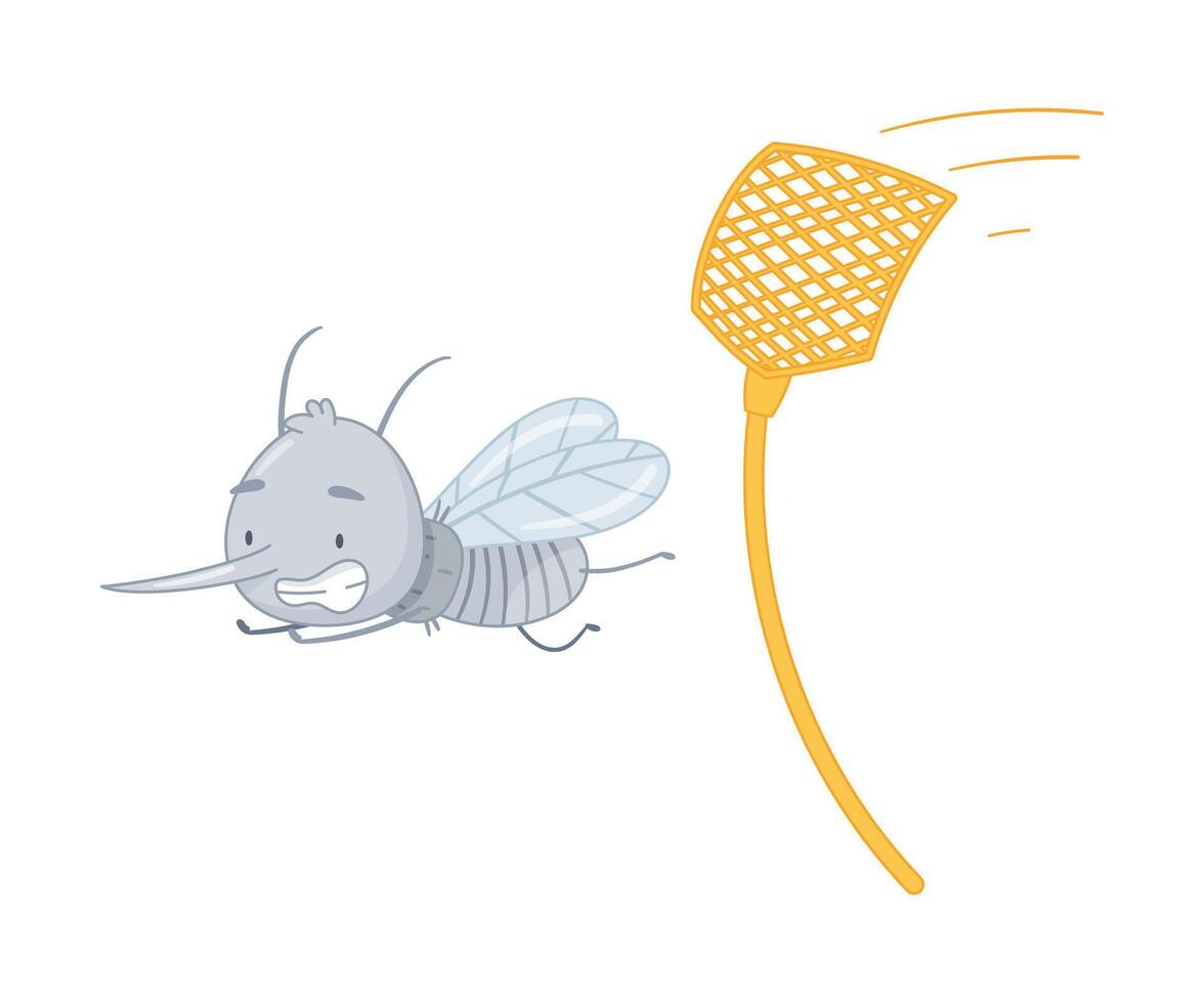 Cute mosquito flying away from fly swatter. Adorable parasitic insect funny character cartoon illustration vector