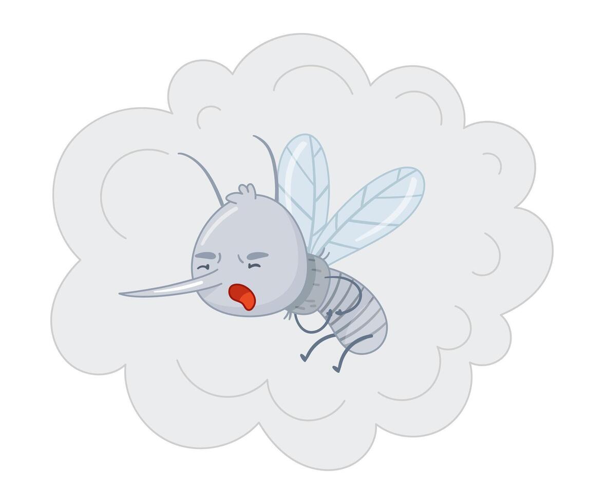 Cute mosquito flying in cloud of insecticidal spray. Adorable parasitic insect funny character cartoon illustration vector
