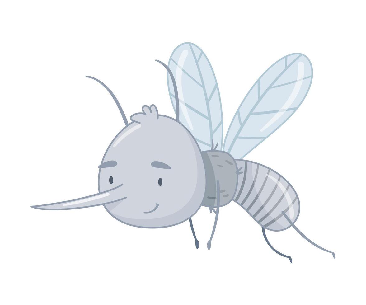 Cute funny flying mosquito. Adorable parasitic insect character cartoon illustration vector