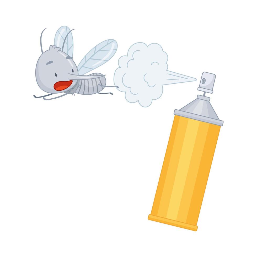Cute mosquito flying away from insect reppelent bottle. Adorable parasitic insect funny character cartoon illustration vector