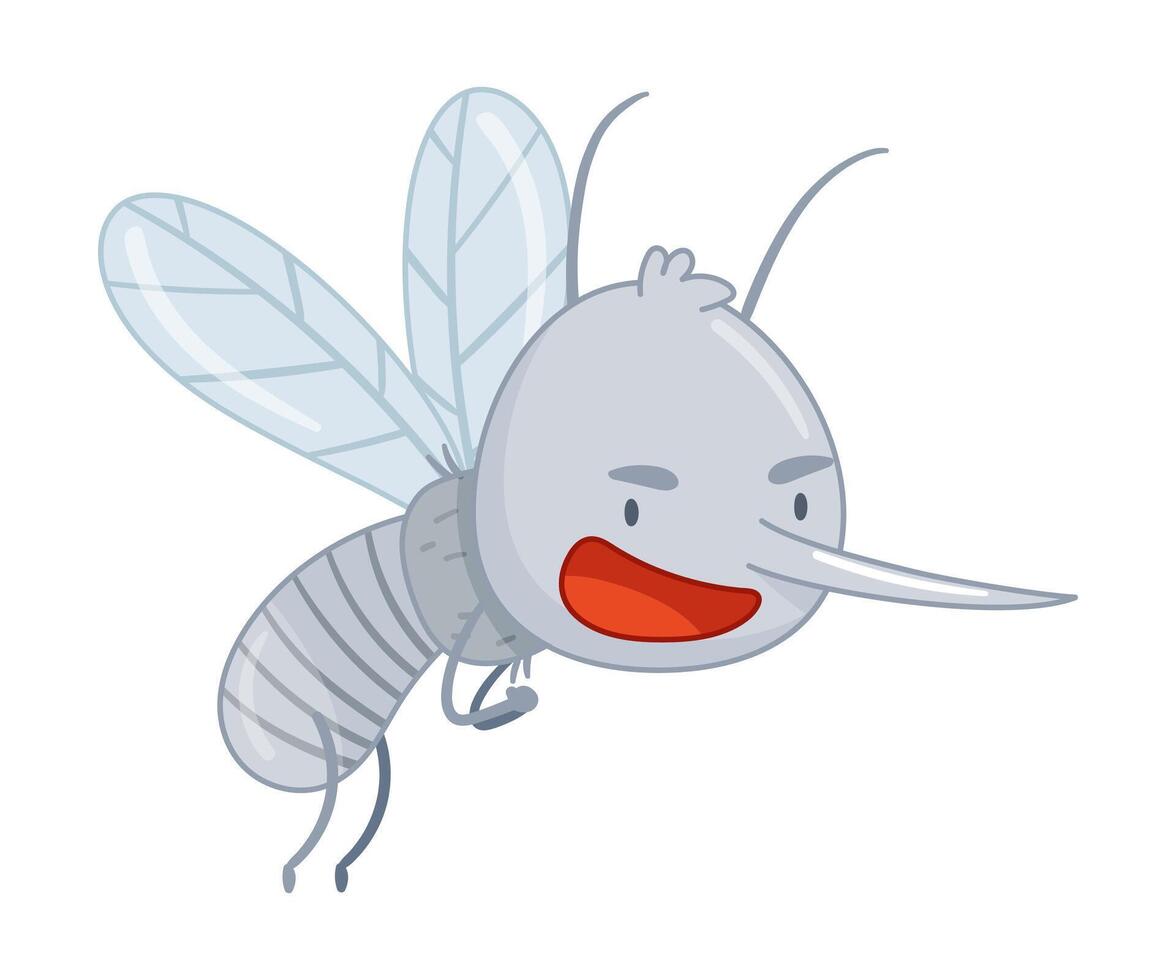 Cute funny angry flying mosquito. Adorable parasitic insect cartoon character illustration vector