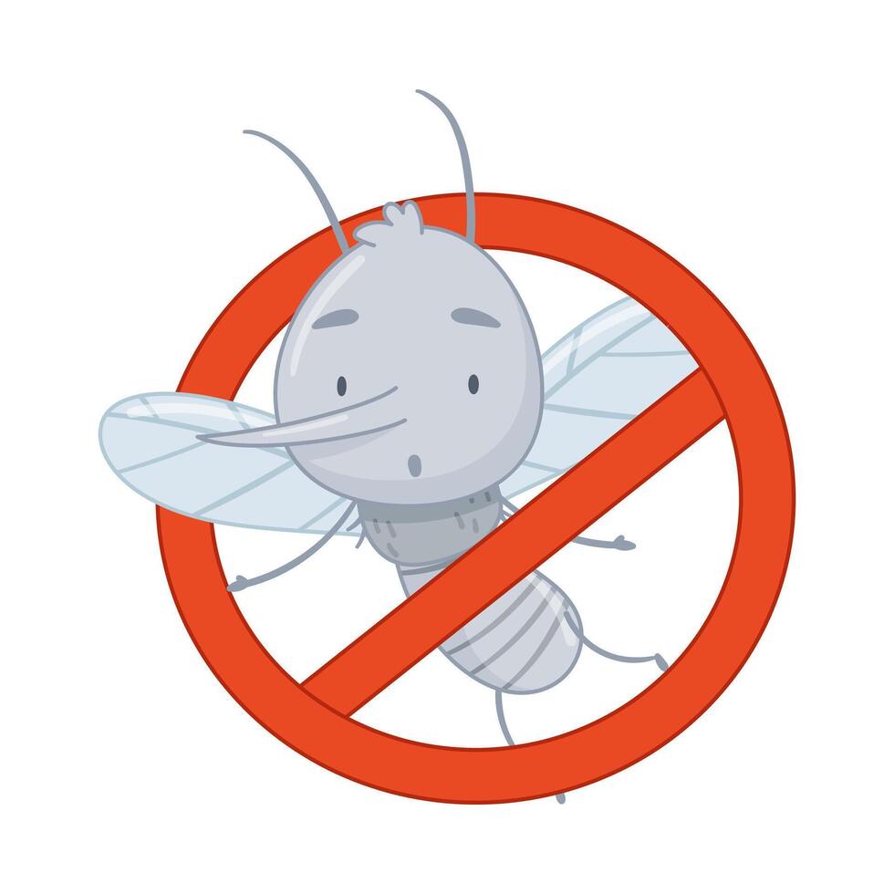 Mosquito warning prohibition sign with cute funny insect cartoon illustration vector