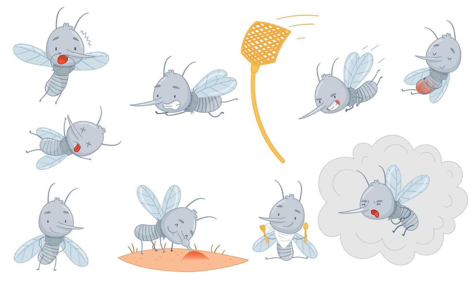 Cute funny baby mosquitoes set. Adorable parasitic insects cartoon characters illustration vector