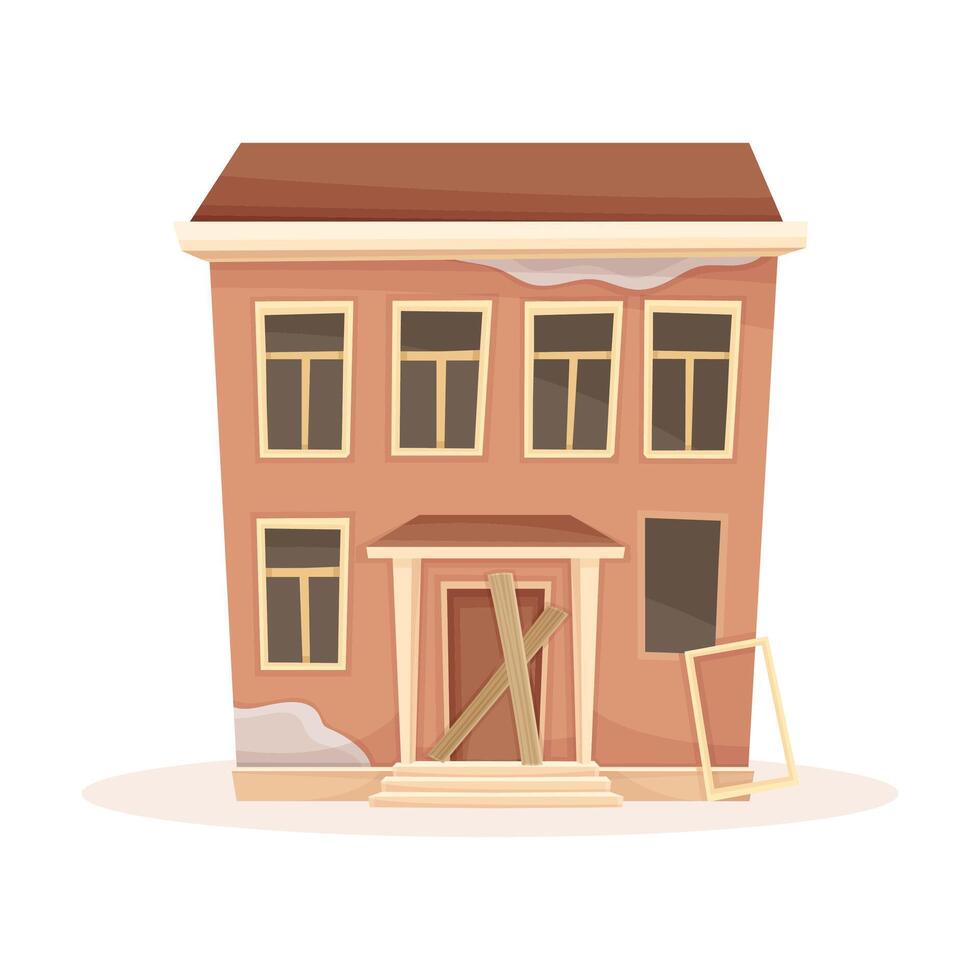 Facade of abandoned two storey house with broken windows and door boarded up. Old suburban cottage cartoon illustration vector