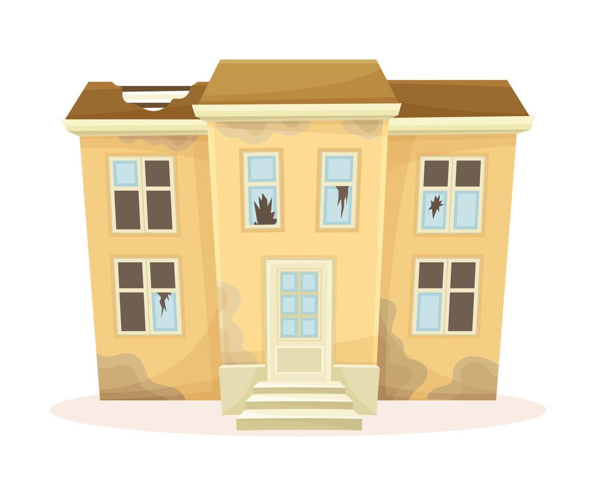 Facade of abandoned two storey house with broken windows and roof. Old suburban cottage cartoon illustration vector