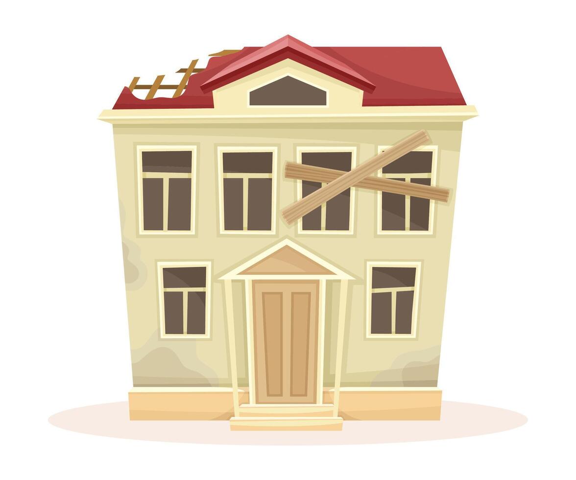 Abandoned two storey house with broken windows and roof. Old suburban cottage cartoon illustration vector