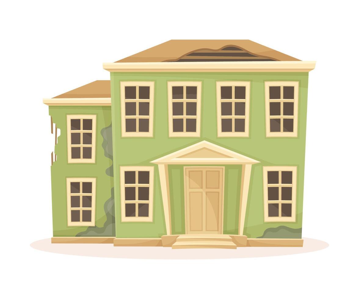 Old abandoned two storey house with broken roof. Old suburban building cartoon illustration vector