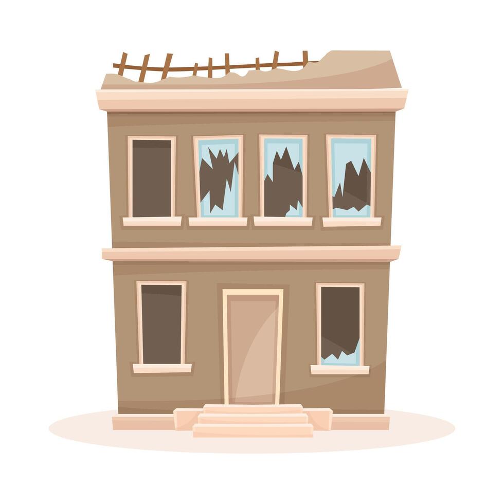 Abandoned two storey house with broken windows and roof. Facade of old two storey decaying building cartoon illustration vector