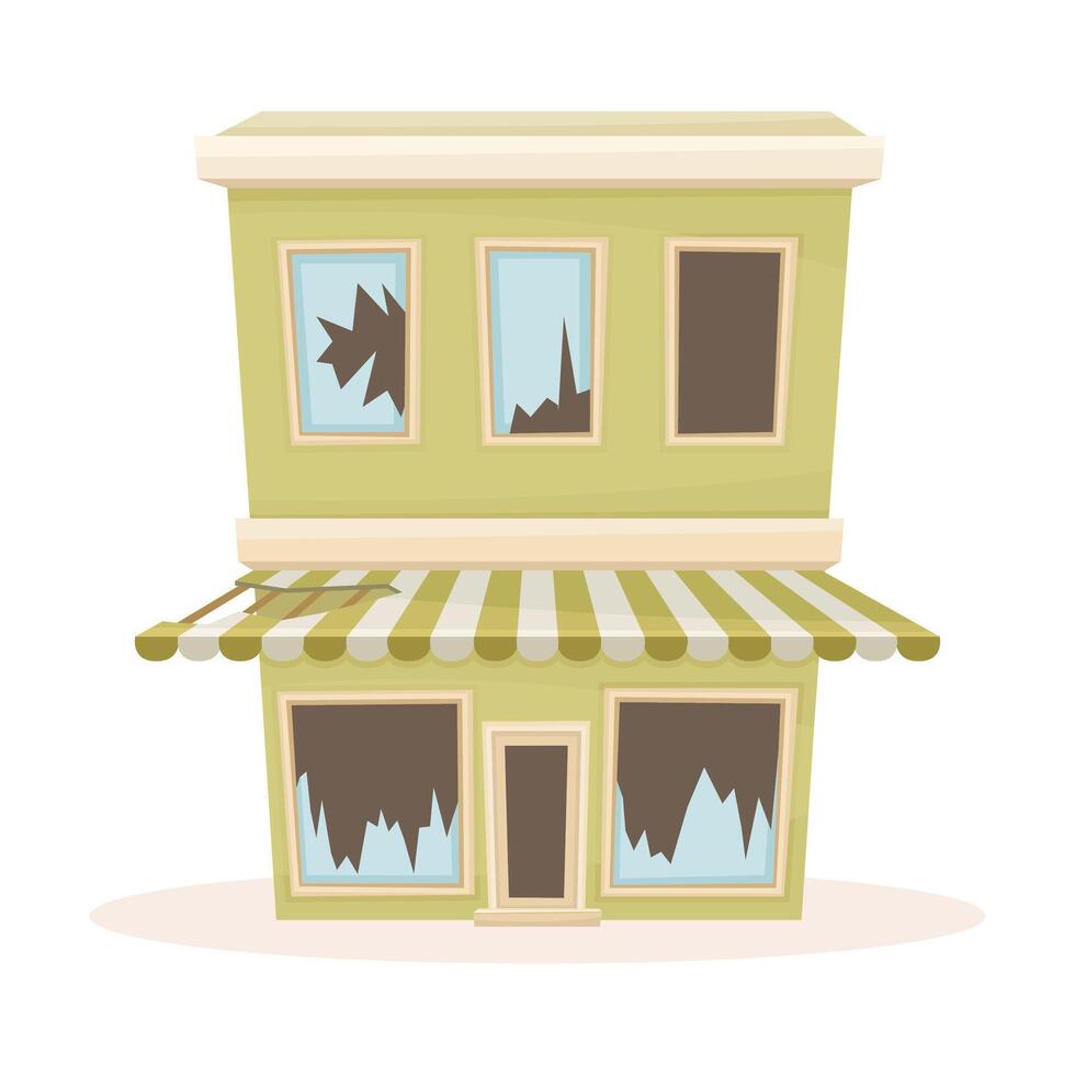 Abandoned public building with broken windows. Facade of old decaying house cartoon illustration vector