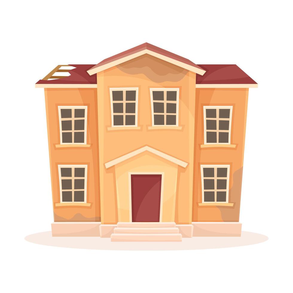 Abandoned house with broken roof. Facade of old two storey decaying building cartoon illustration vector