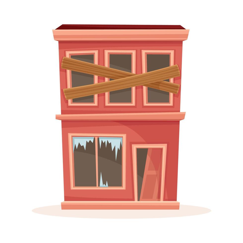 Abandoned two storey house with boarded up windows. Old suburban cottage cartoon illustration vector