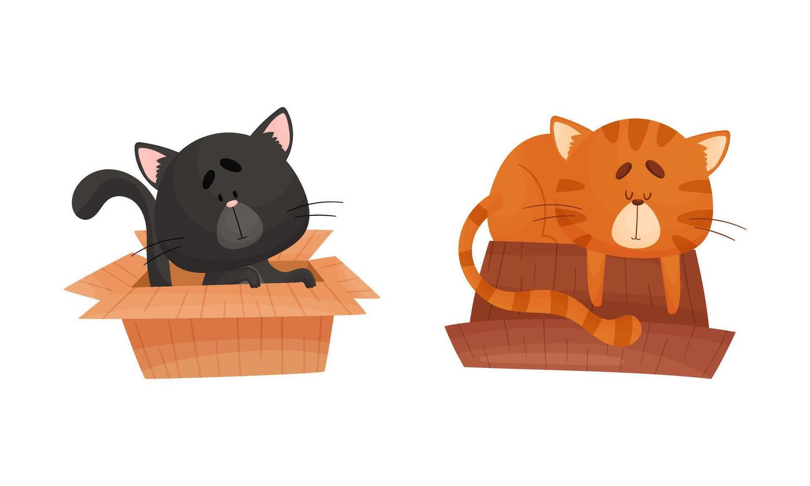 Adorable cats in boxes set. Funny black and red cat sitting and sleeping with cardboard box cartoon illustration vector