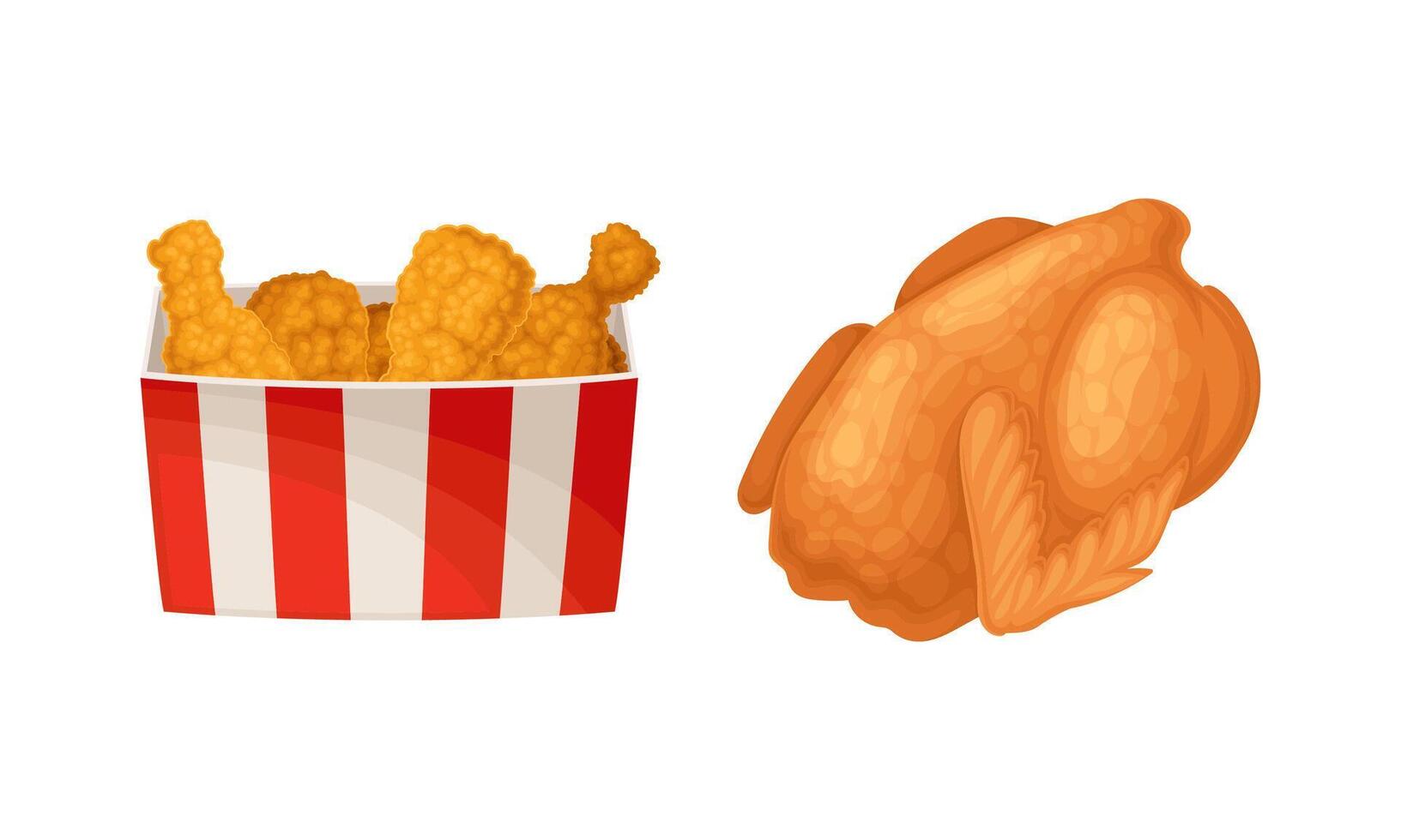 Fried chicken meat set. Crispy drumsticks in basket and whole fried chiken cartoon illustration vector