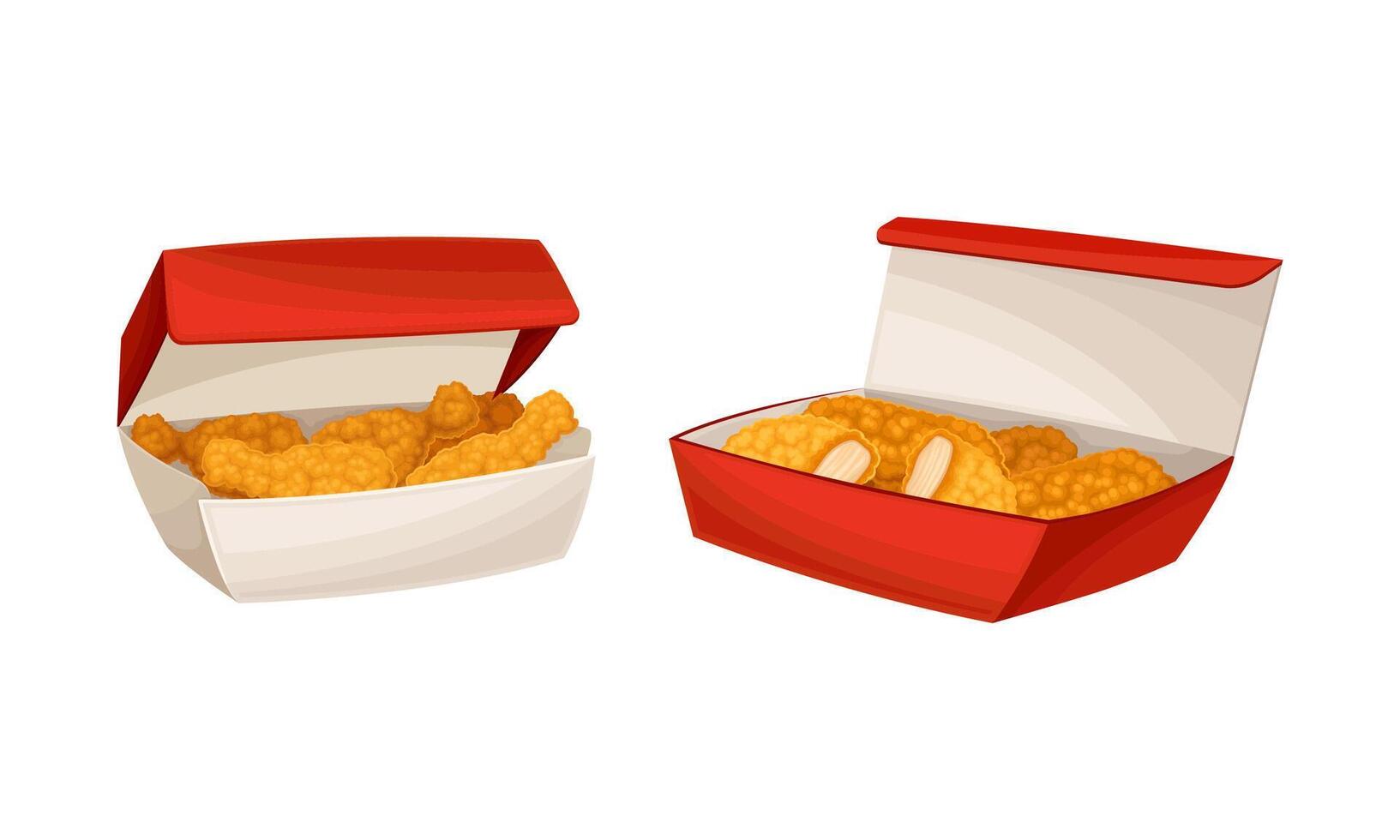 Fried chicken meat in boxes set. Tasty crispy drumsticks and fillet, fast food dish cartoon illustration vector