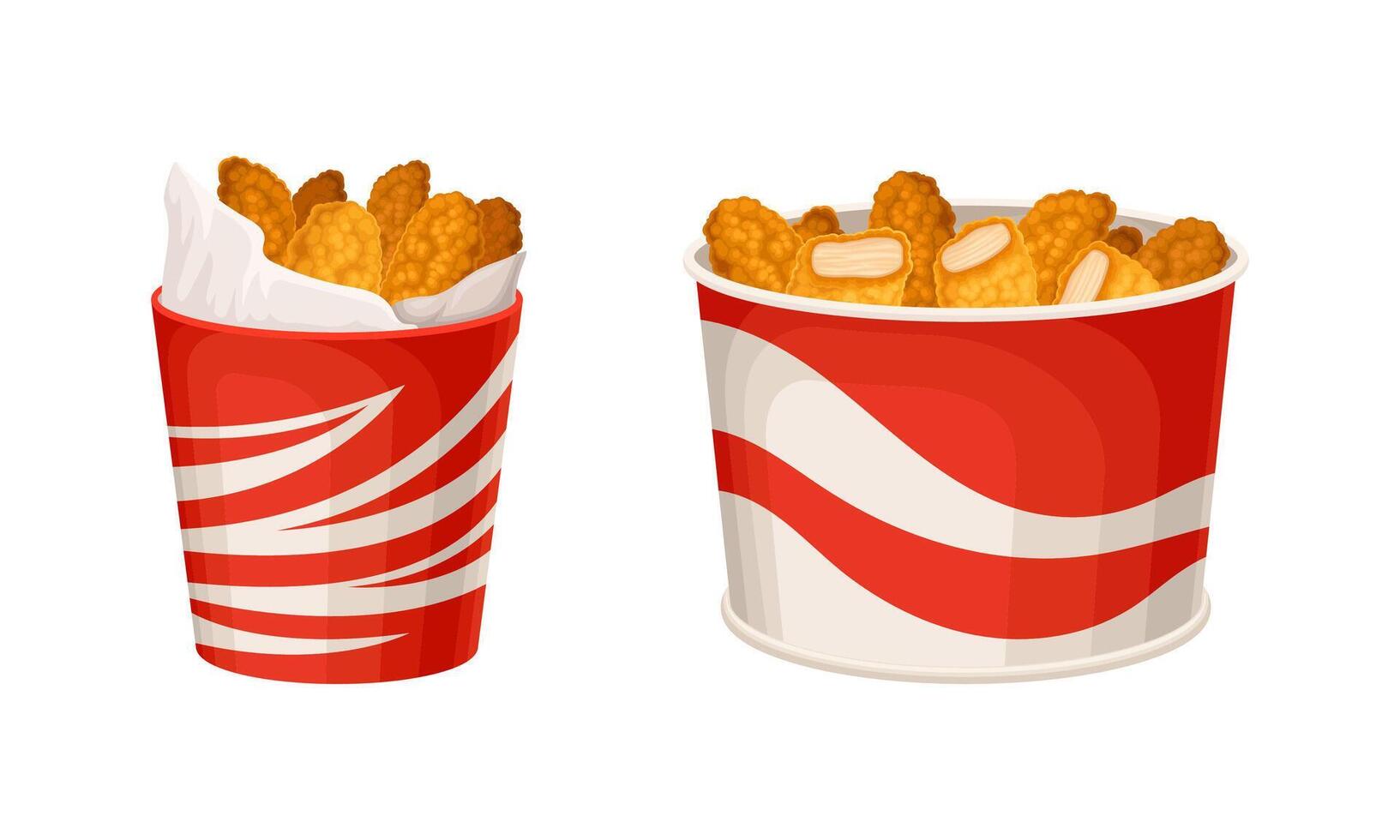 Fried chicken meat set. Crispy wings, legs and nuggets in baskets cartoon illustration vector