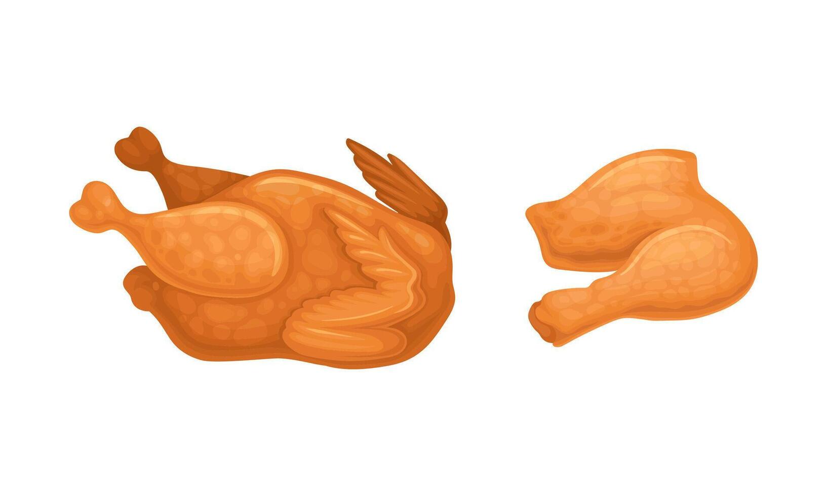 Fried chicken meat set. Tasty whole roast chiken and crispy legs cartoon illustration vector