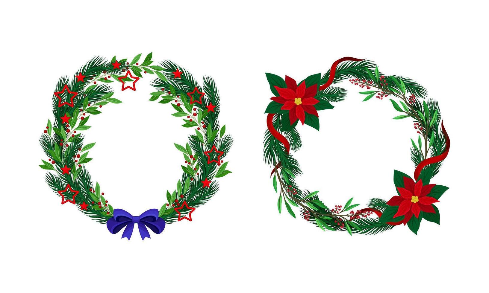 Set of Christmas pine wreaths decorated with bow, flowers and berries illustration vector
