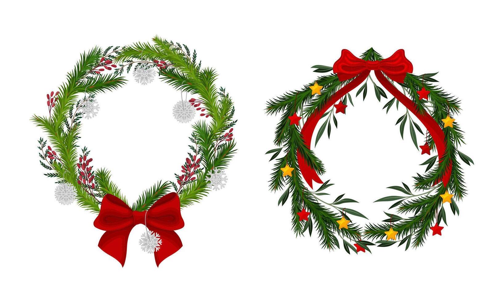 Set of Christmas wreaths with red bow, berries and baubles illustration vector
