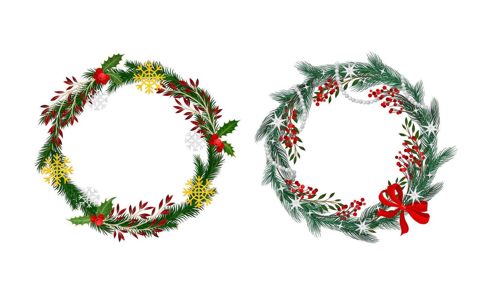 Set of Christmas wreaths decorated with red bow, berries and snowflakes illustration vector