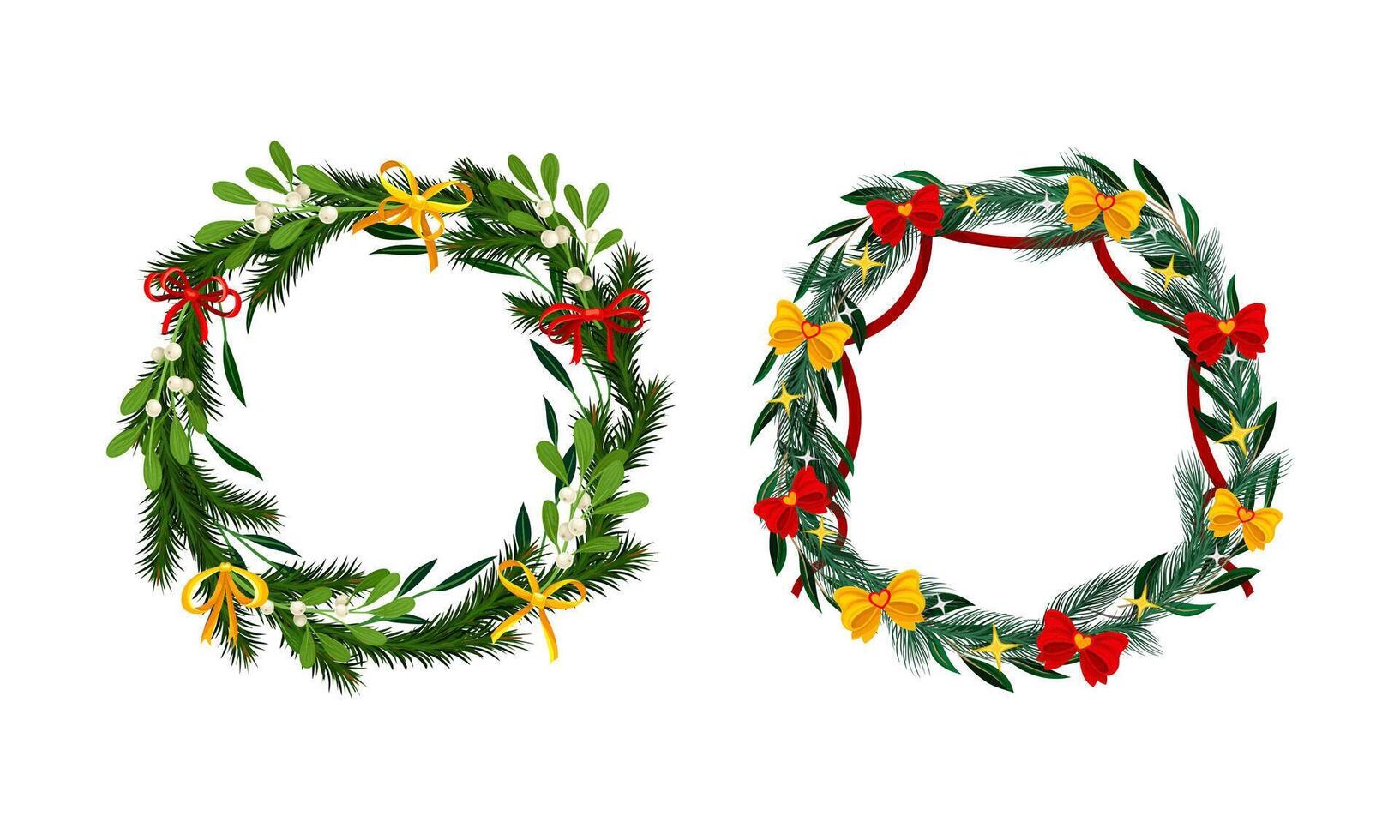 Set of Christmas pine wreaths decorated with yellow and red bows illustration vector
