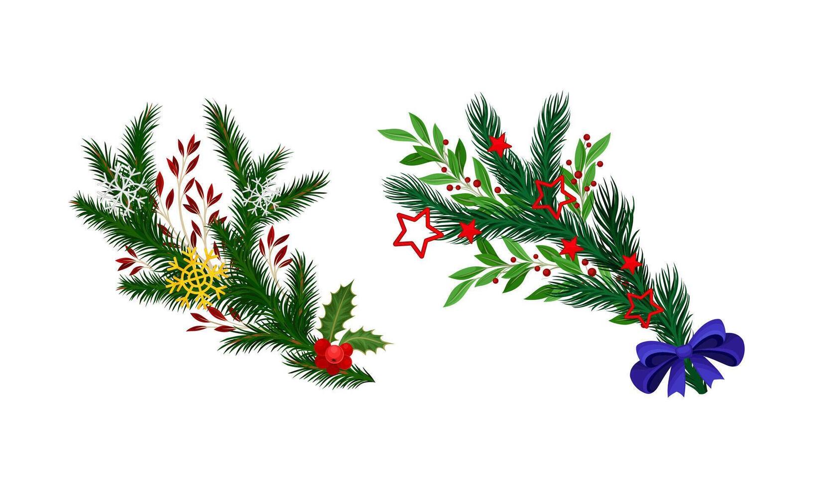 Christmas tree branches decorated with berries and bow set illustration vector