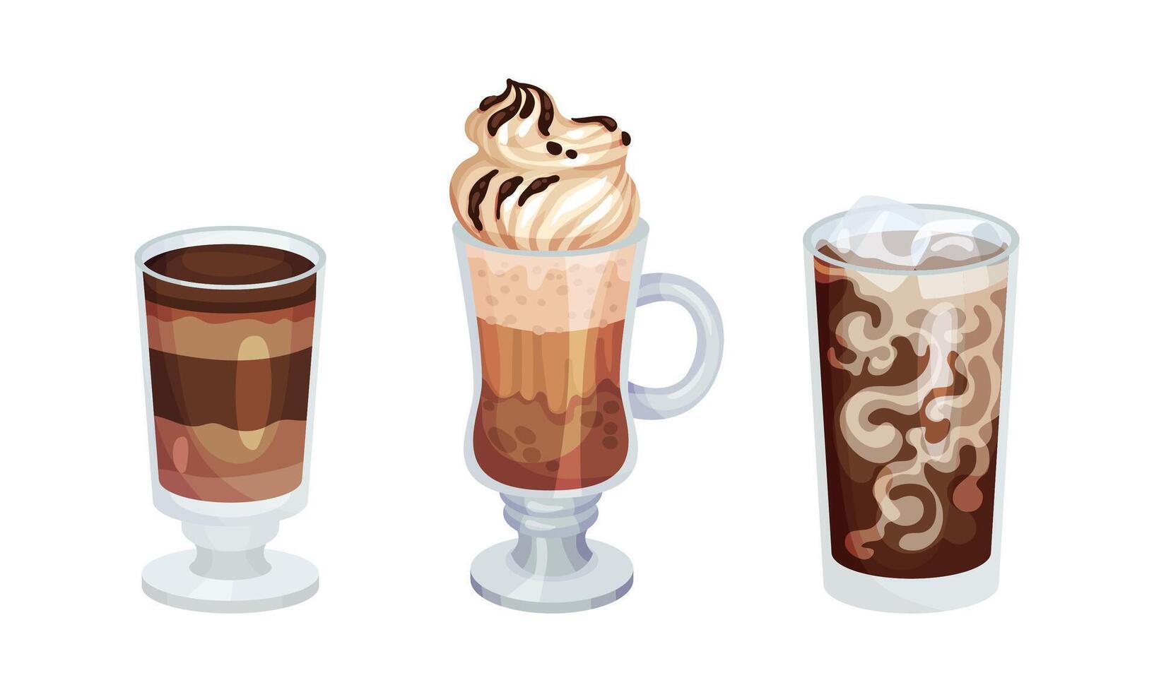 Cups of coffee set. Aroma hot beverage in glass mugs illustration vector