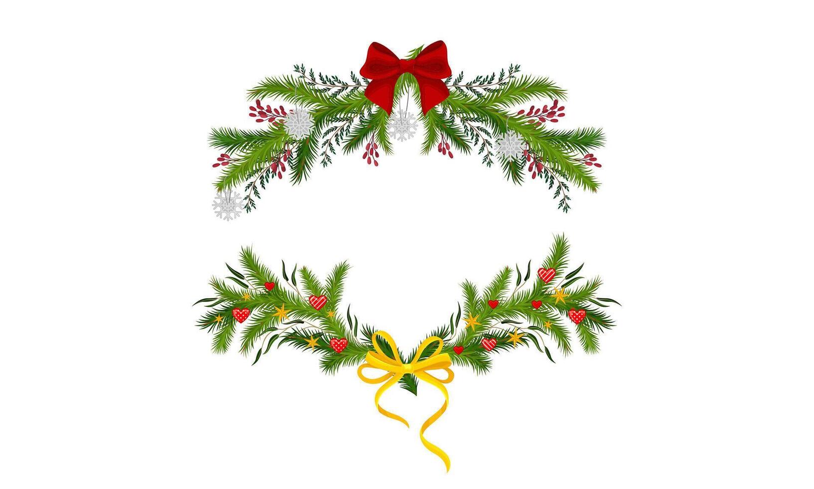 Set of Christmas decoration pine wreaths with bow and holly berries illustration vector