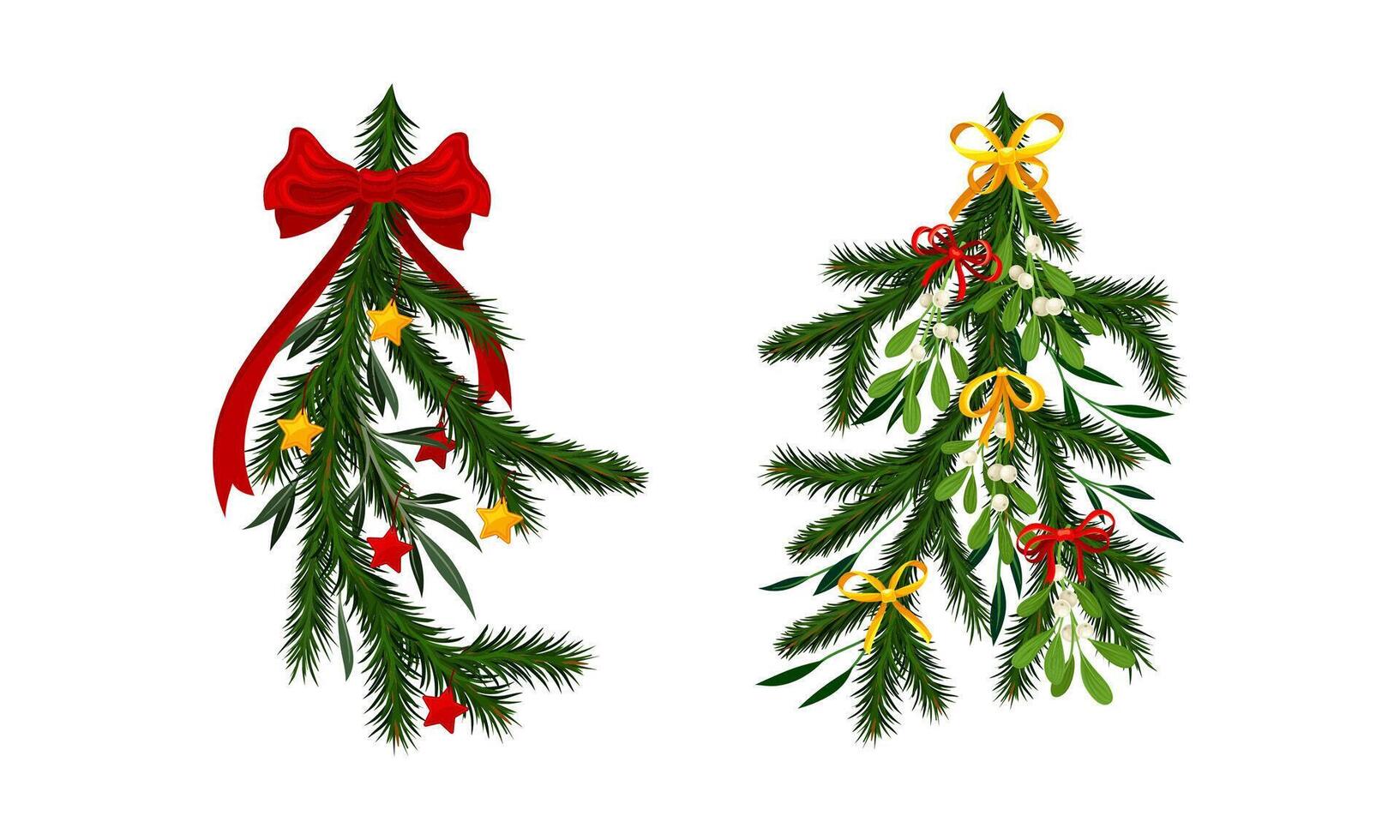 Christmas tree branches decorated with berries, bowa and stars set illustration vector