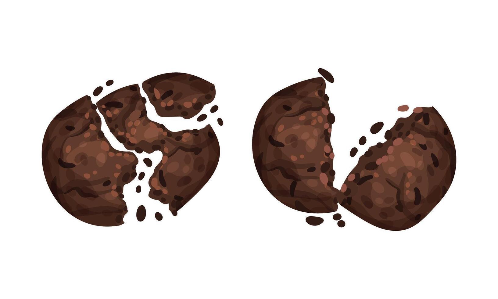Broken crispy chocolate biscuits with crumbs set illustration on white background vector