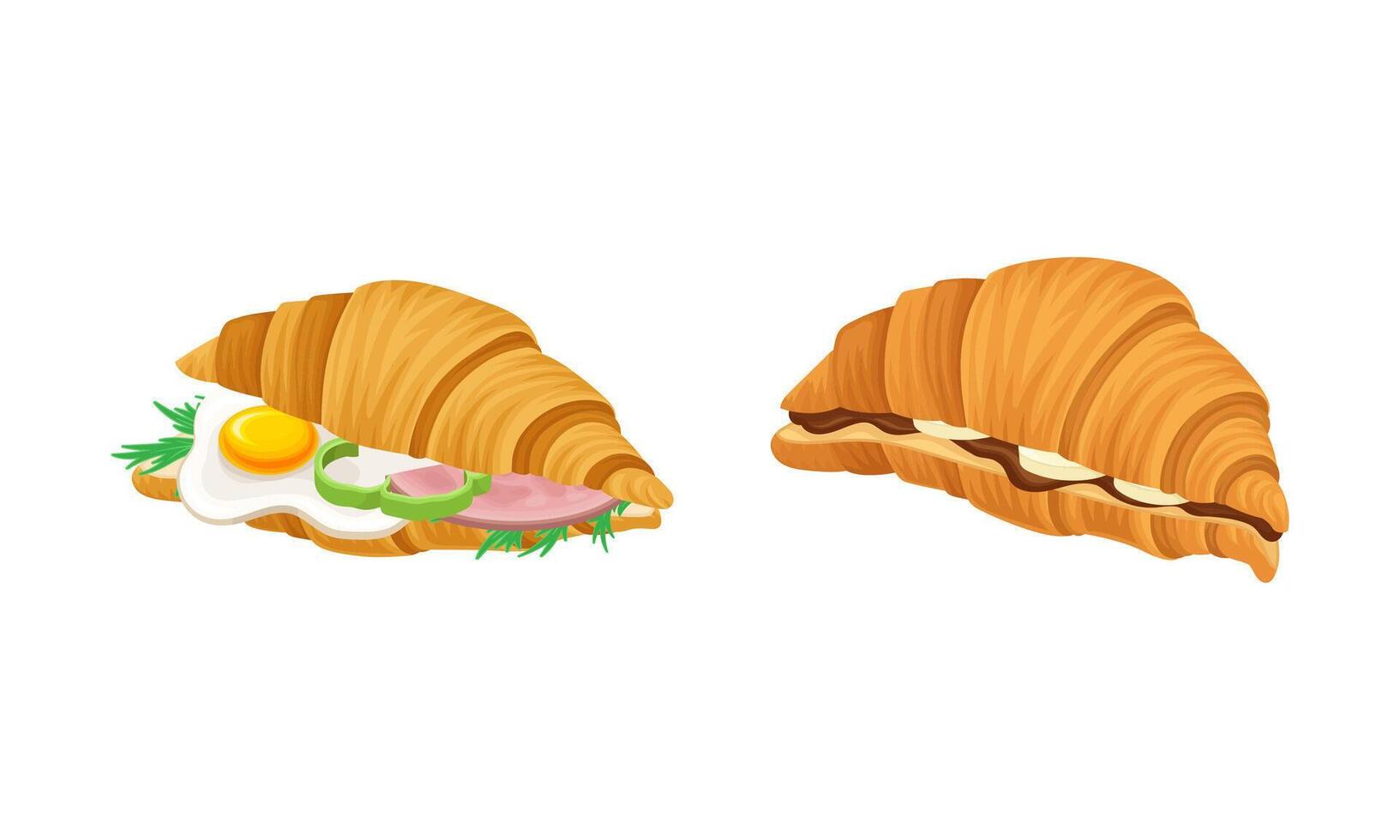 Crunchy croissants with various ingredients set. French croissant with , ham, , cheese, egg, chocolate illustration vector