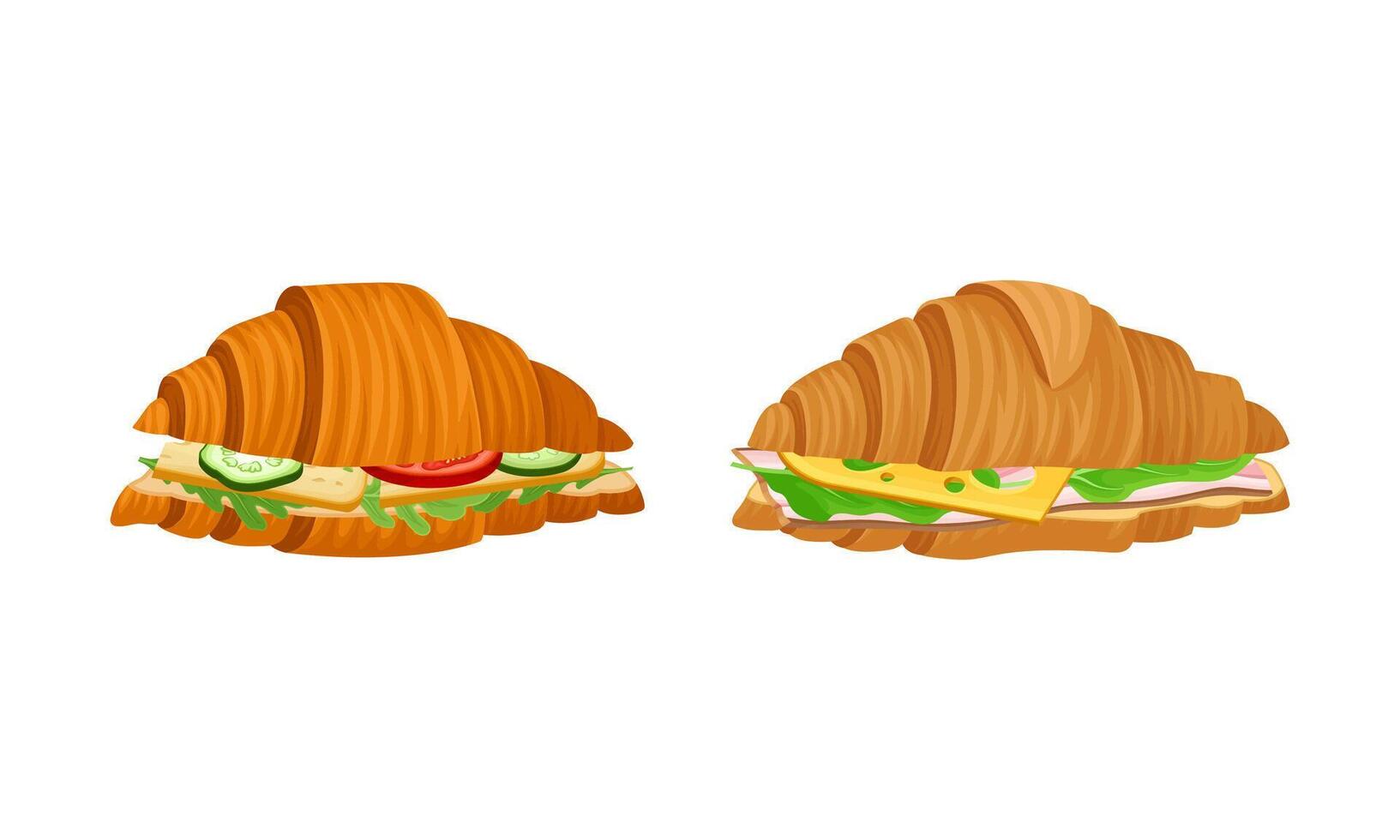 Crunchy croissants with various ingredients set. French croissant with ham, cucumber, cheese, tomato illustration vector