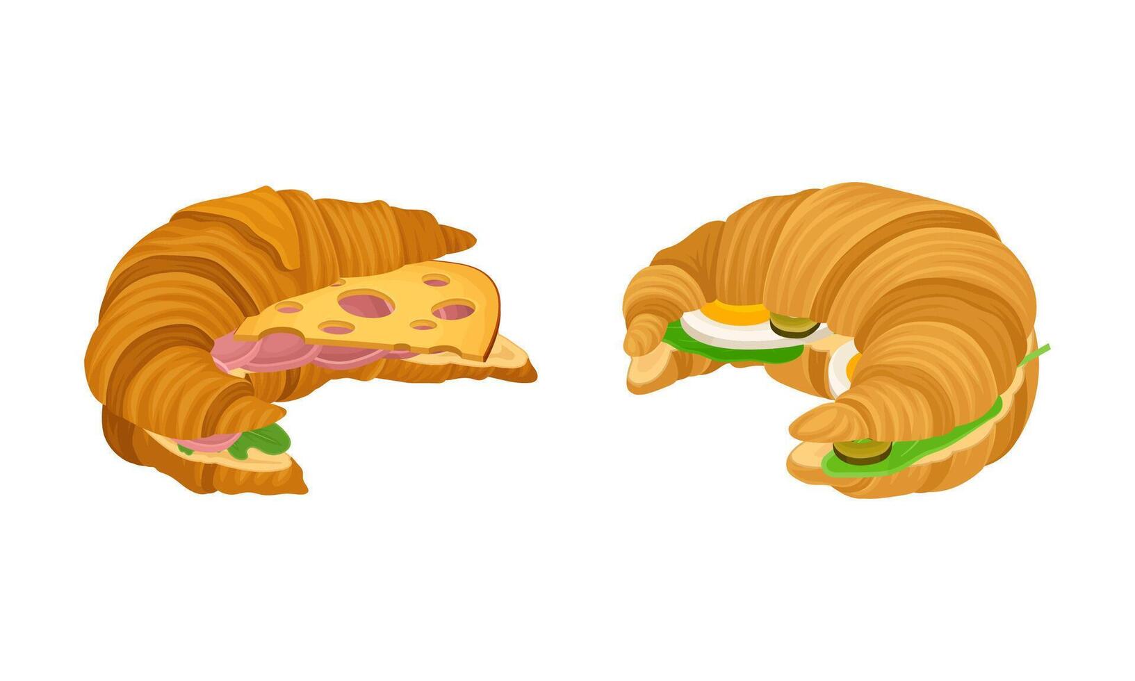 Crunchy croissants with various ingredients set. French croissant with ham, egg, cheese illustration vector