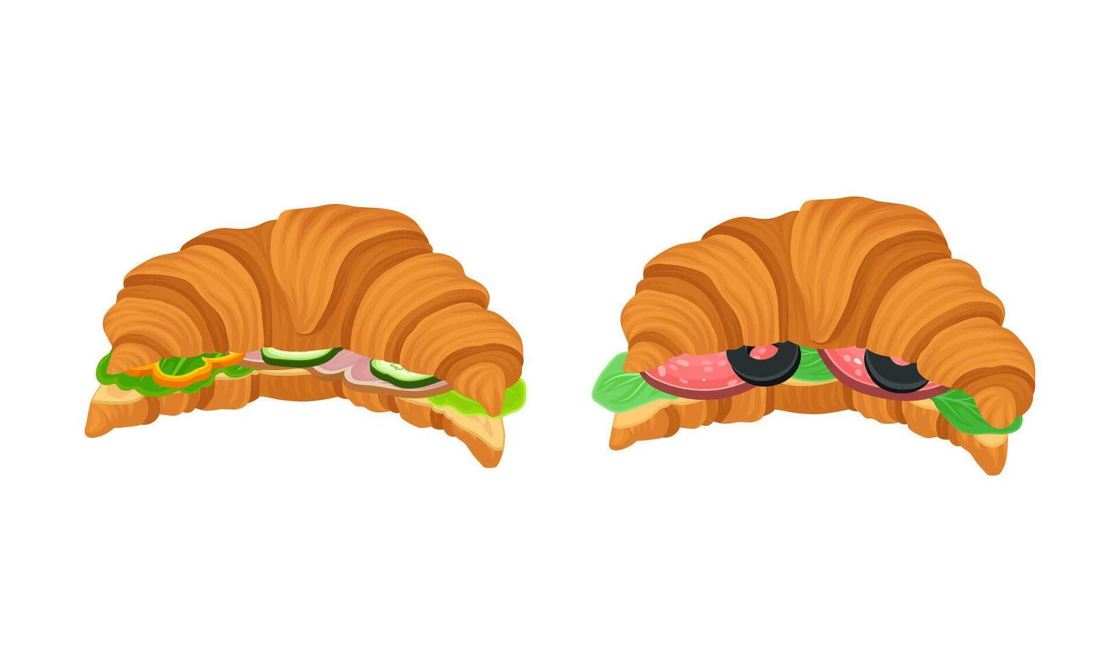 Crunchy croissants with various ingredients set. French croissant with cucumber, sausage, pepper, olive illustration vector