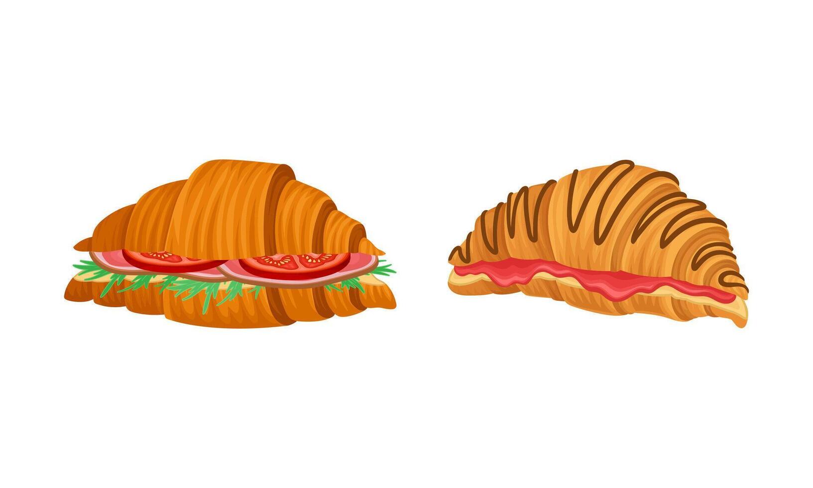 Crunchy croissants with various ingredients set. French croissant with sausage, tomato, jam, lettuce illustration vector
