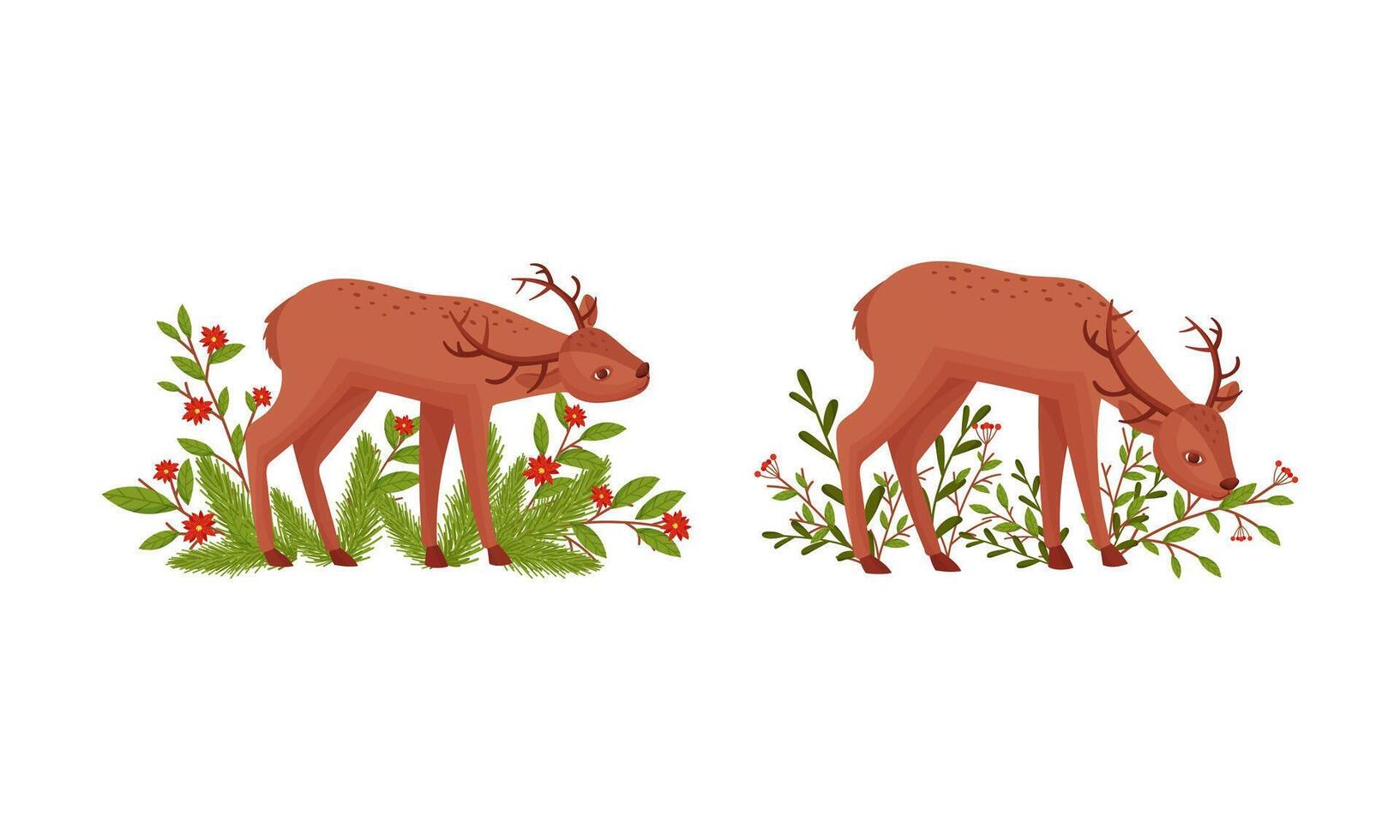 Cute fawn among grass and tree branches. Adorable little deer cartoon illustration vector