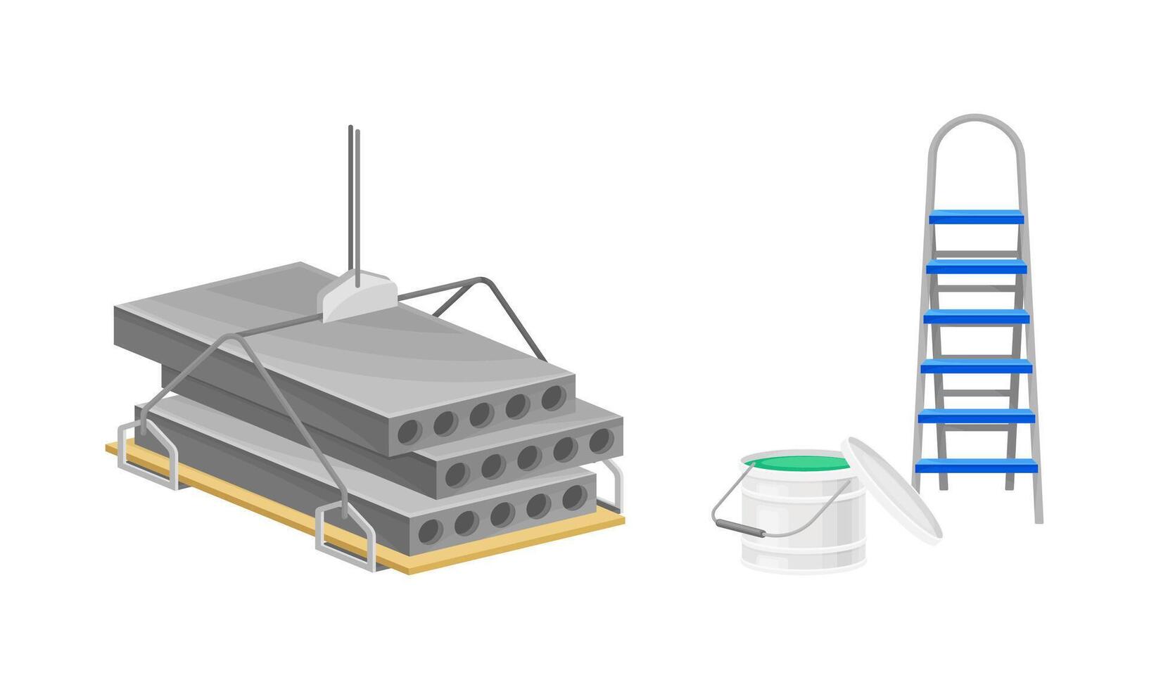 Building construction materials set. Concrete panels, stepladder, paint bucket illustration vector