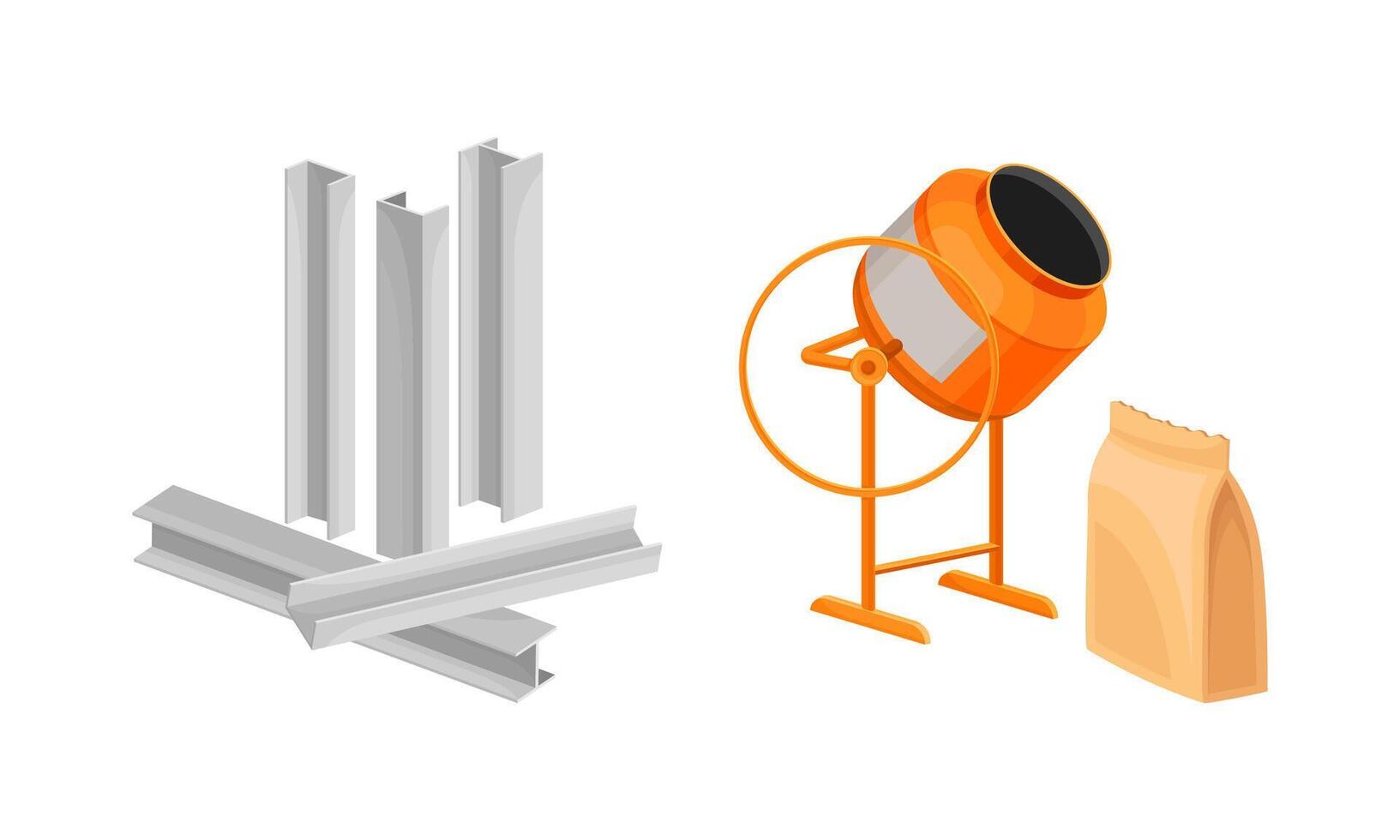 Building construction materials set. Metal reinforcement, concrete mixer illustration vector