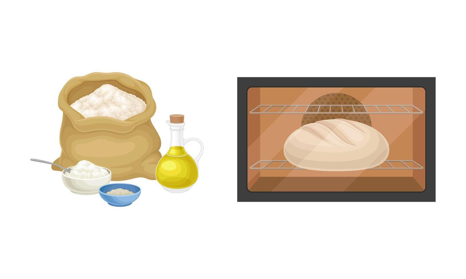 Baking bread process set. Bead baked in oven illustration vector
