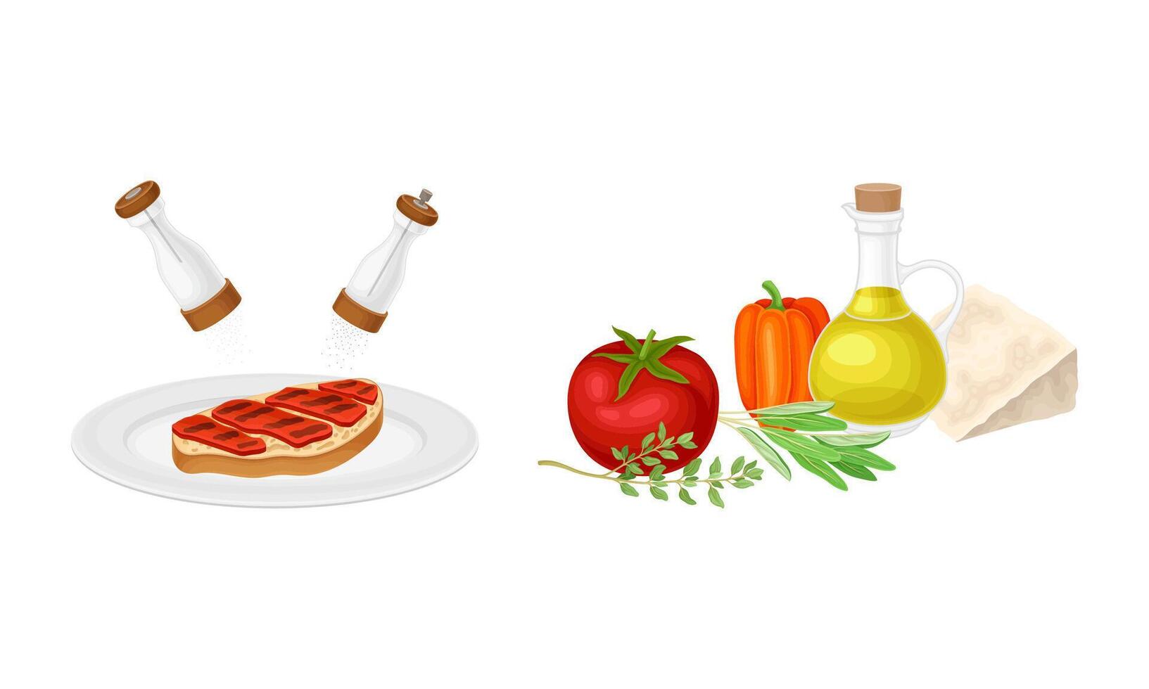 Bruschetta cooking set. Fresh vegetables and bread toast slice with meat illustration vector