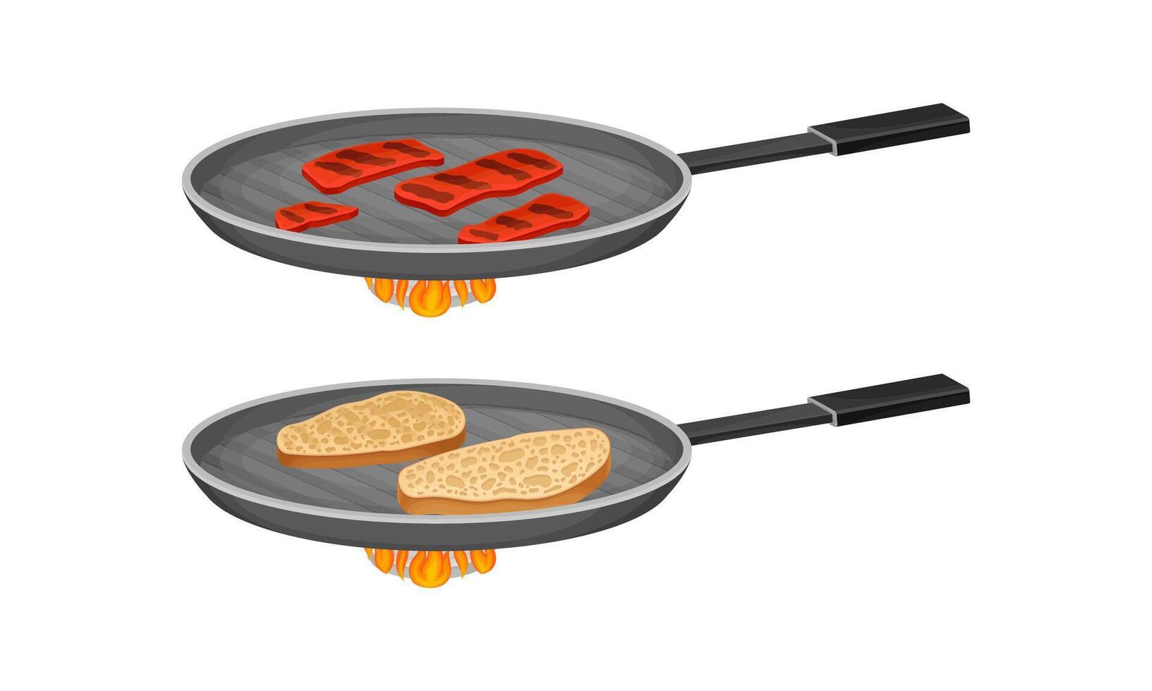 Bruschetta cooking set. Frying of bread and meat slices in pan illustration vector