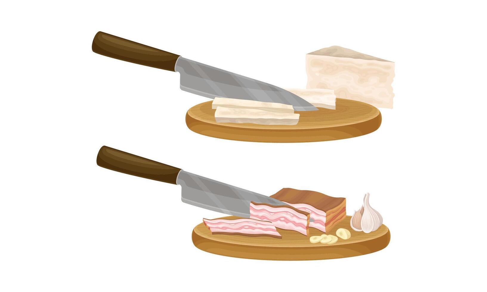 Pasta cooking process set. Slicing ham and cheese on wooden board illustration vector