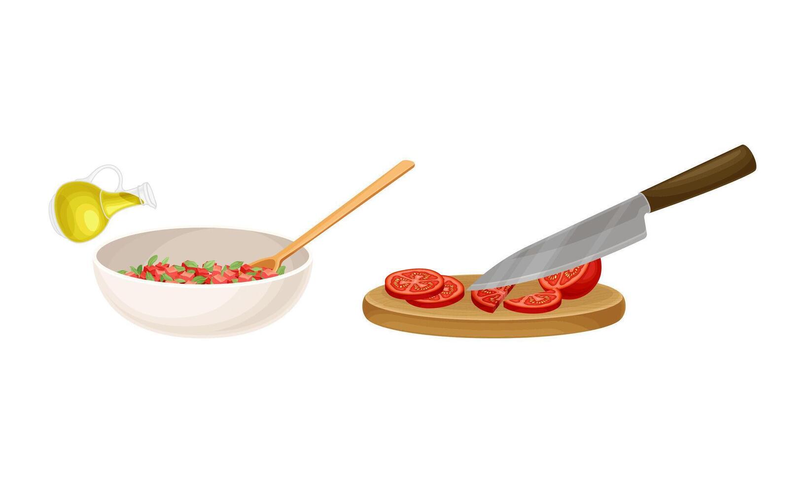 Bruschetta cooking set. Mixing ingredients in bowl and slicing tomatoes on wooden board illustration vector