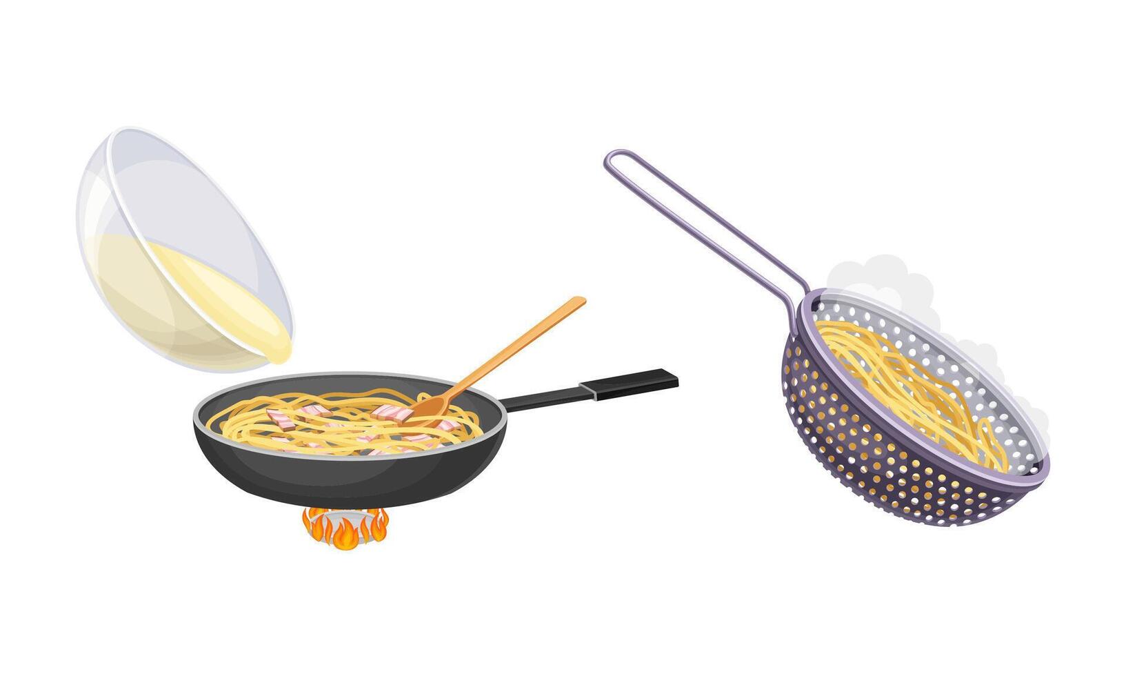 Pasta cooking process set. Pasta in frying pan and colander with noodles illustration vector
